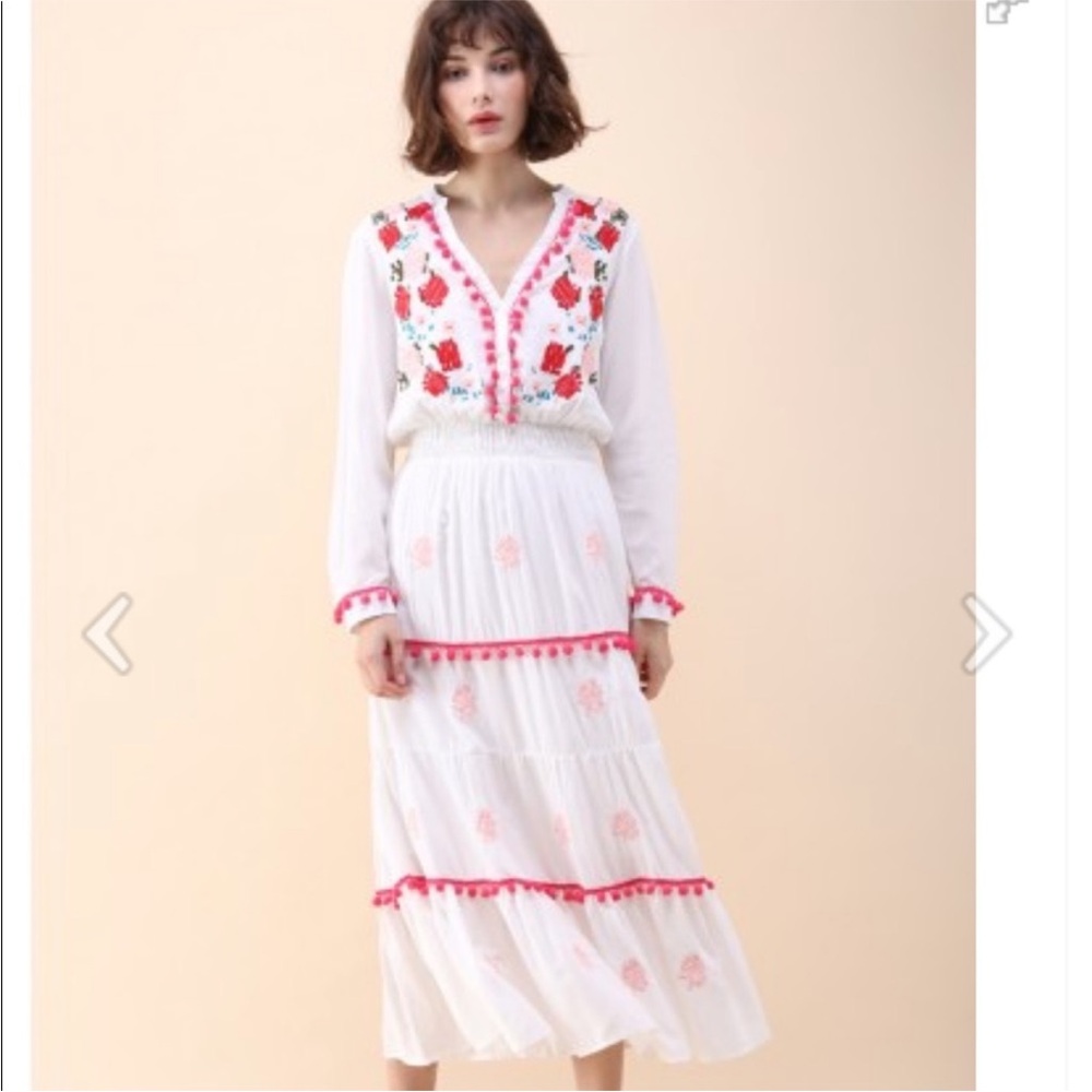 Chicwish White Dress with Pink Embroidery Size S